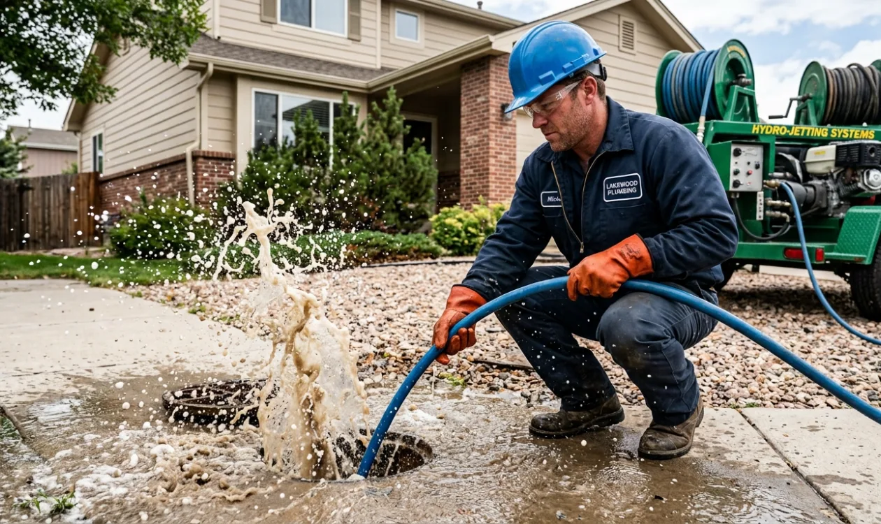 Plumber directing a high pressure jetting hose into a cleanout as water surges back out of the opening