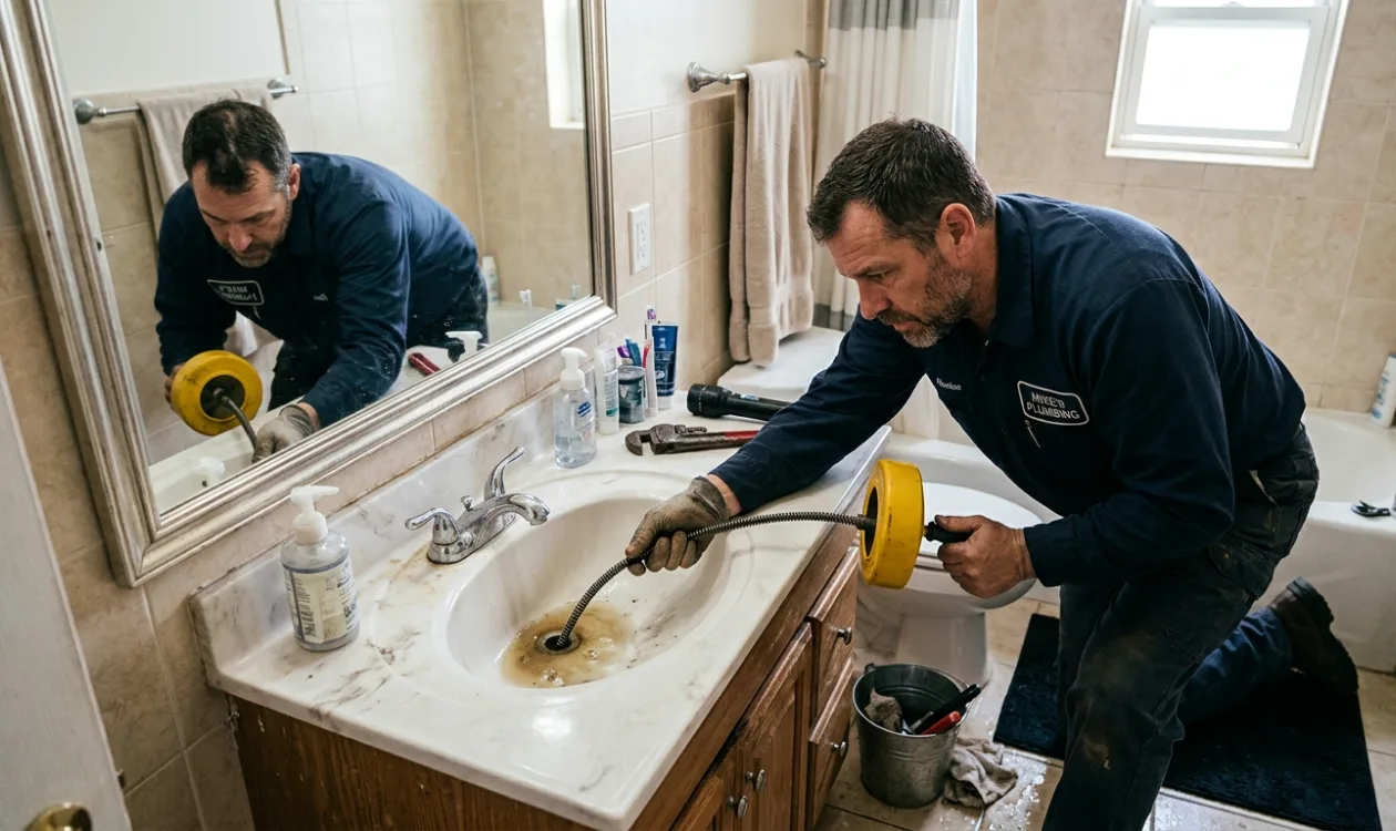 Plumber clearing a slow bathroom sink drain with a hand auger, bowl still holding water