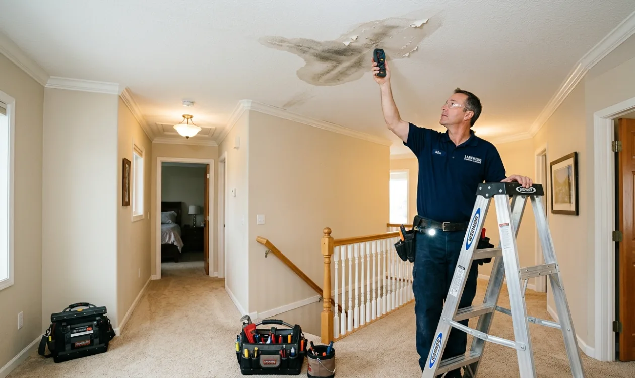 Plumber on a step ladder taking a moisture reading from a brown water stain spreading across a hallway ceiling