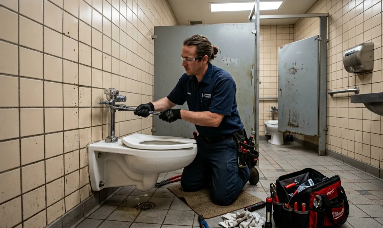 Plumber servicing a flushometer valve on a wall-hung toilet in a commercial restroom