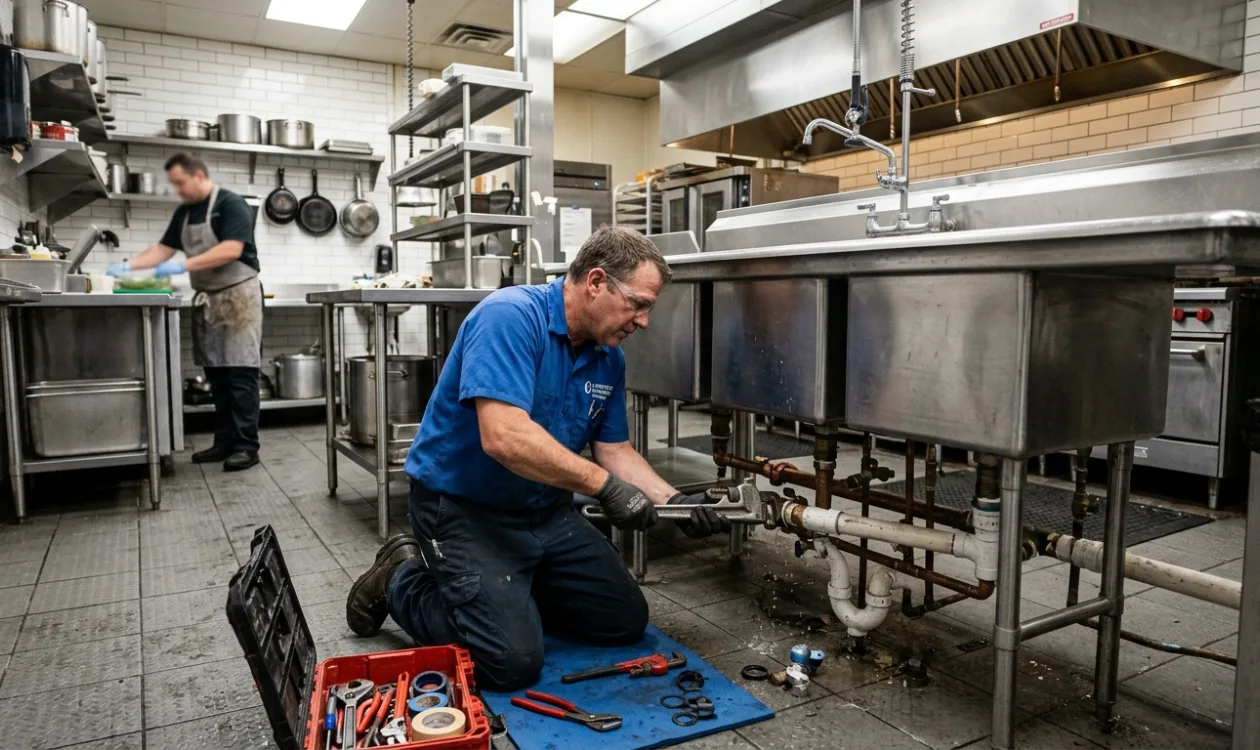 Plumber repairing the waste pipework under a three-compartment sink in a working commercial kitchen