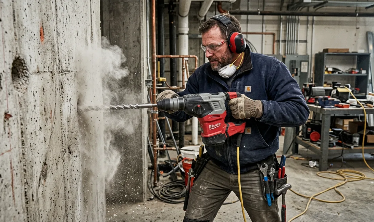 Plumber core drilling through a concrete wall with a rotary hammer to reach pipework behind it
