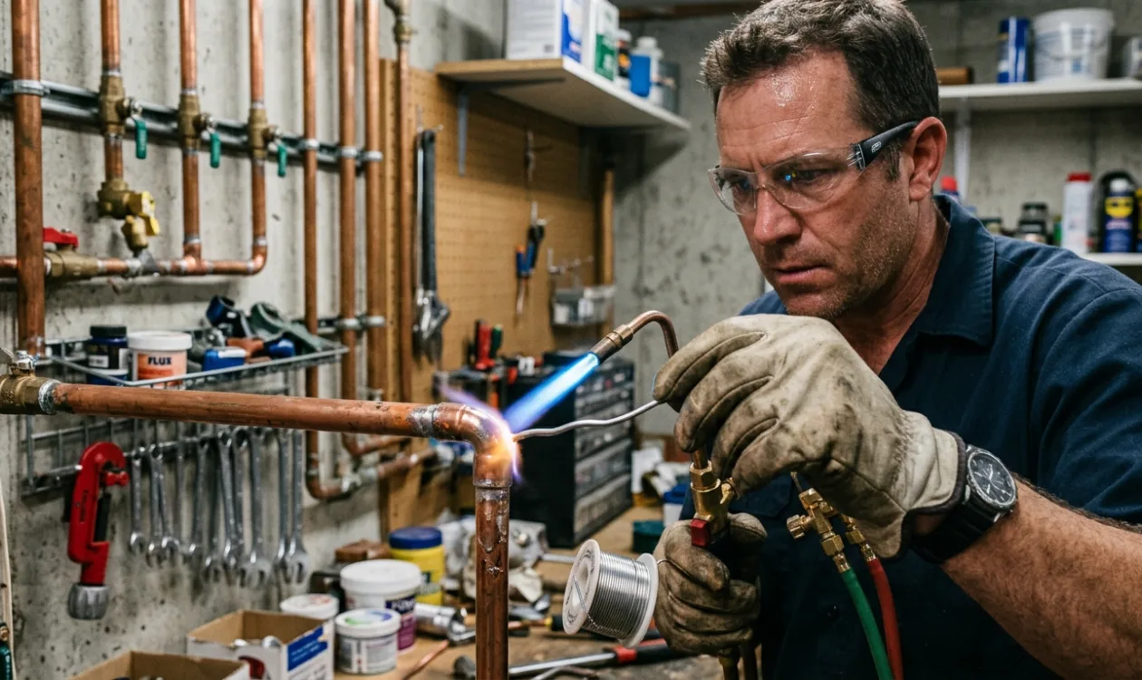 Plumber soldering a copper tee joint with a torch during a whole-house repipe