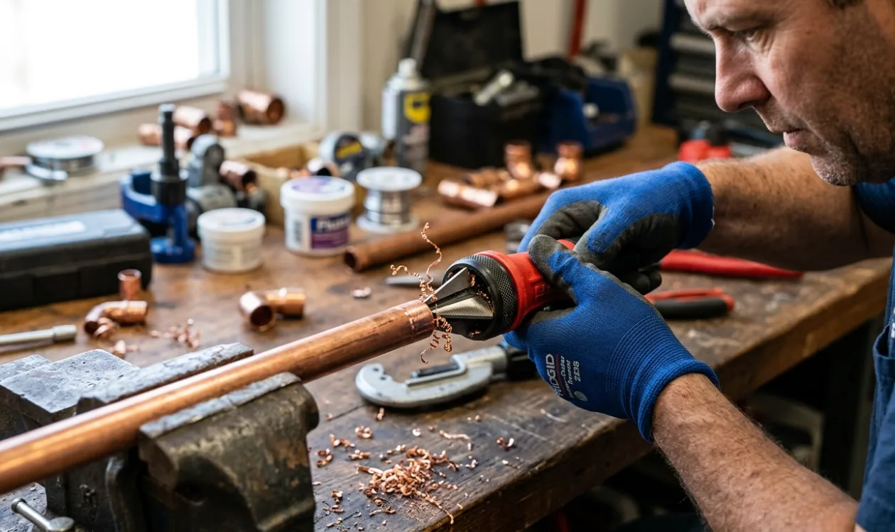 Plumber reaming the cut end of a copper pipe in a vice before making the joint
