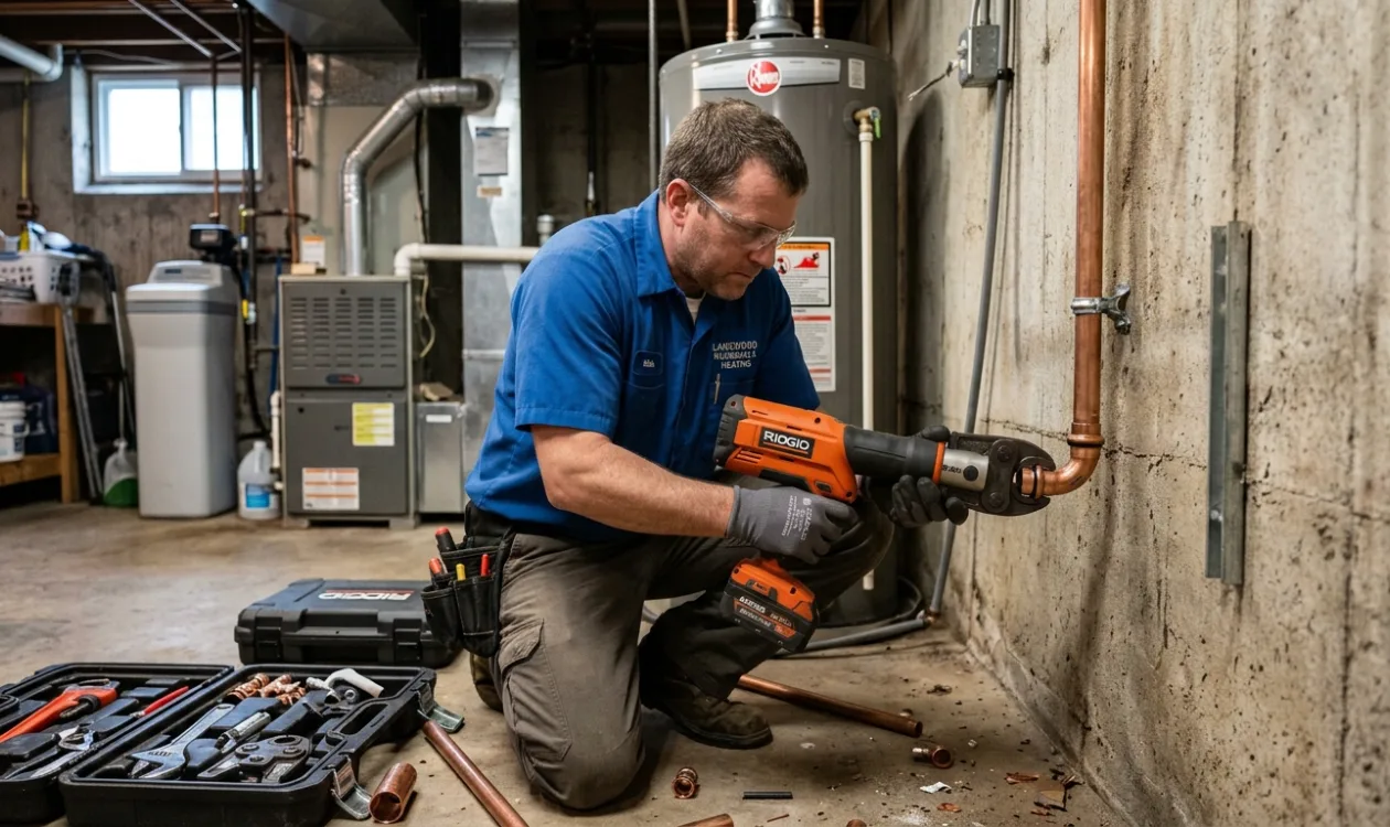 Plumber crimping a press fitting onto copper pipe with a battery press tool