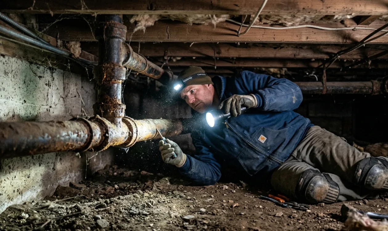 Plumber lying in a crawl space inspecting a corroded cast iron waste line by torchlight