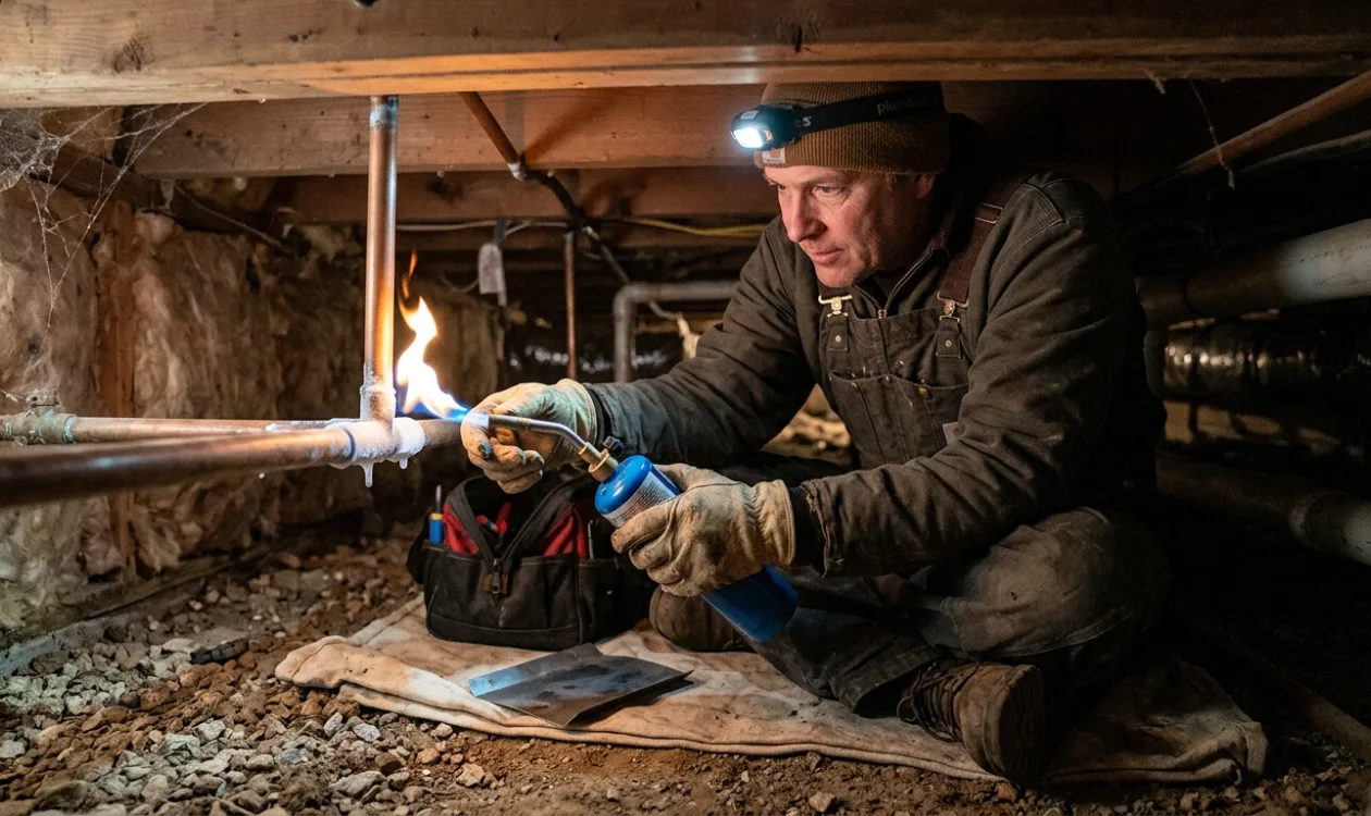 Plumber working on a copper line in a tight crawl space with a torch and a headlamp