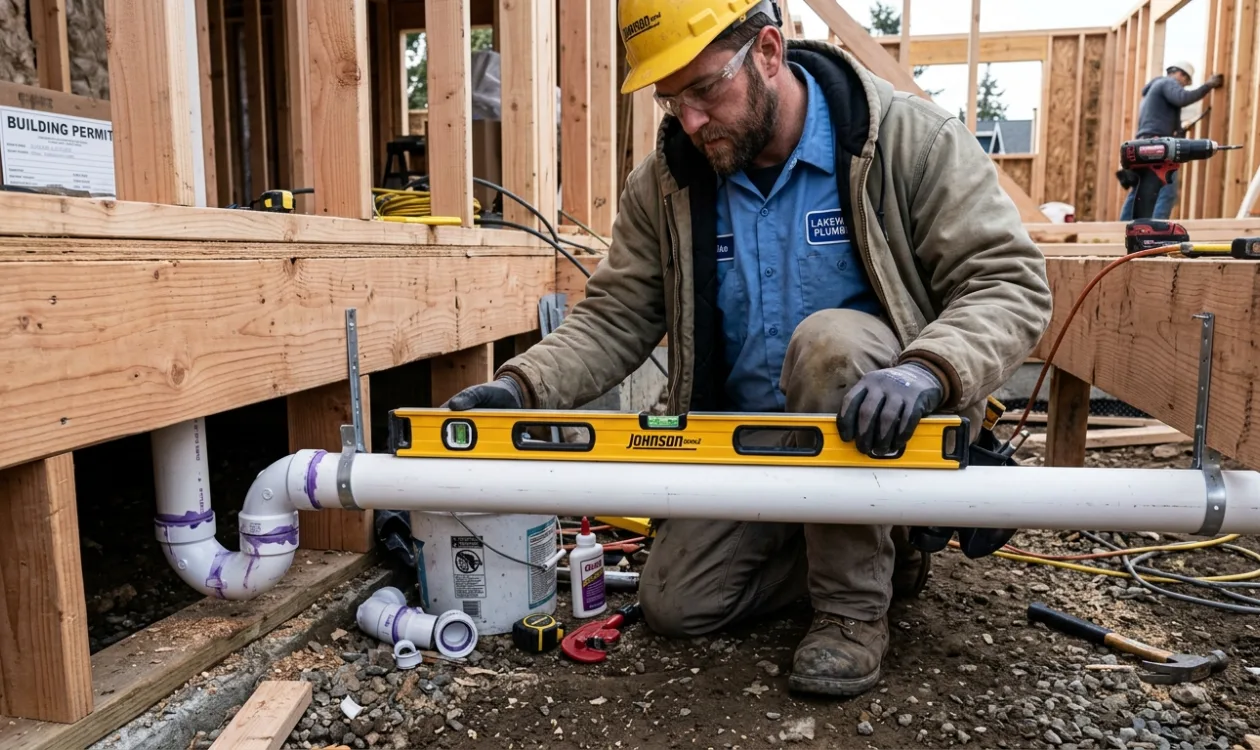 Plumber checking the fall on a new PVC drain line with a spirit level during a remodel