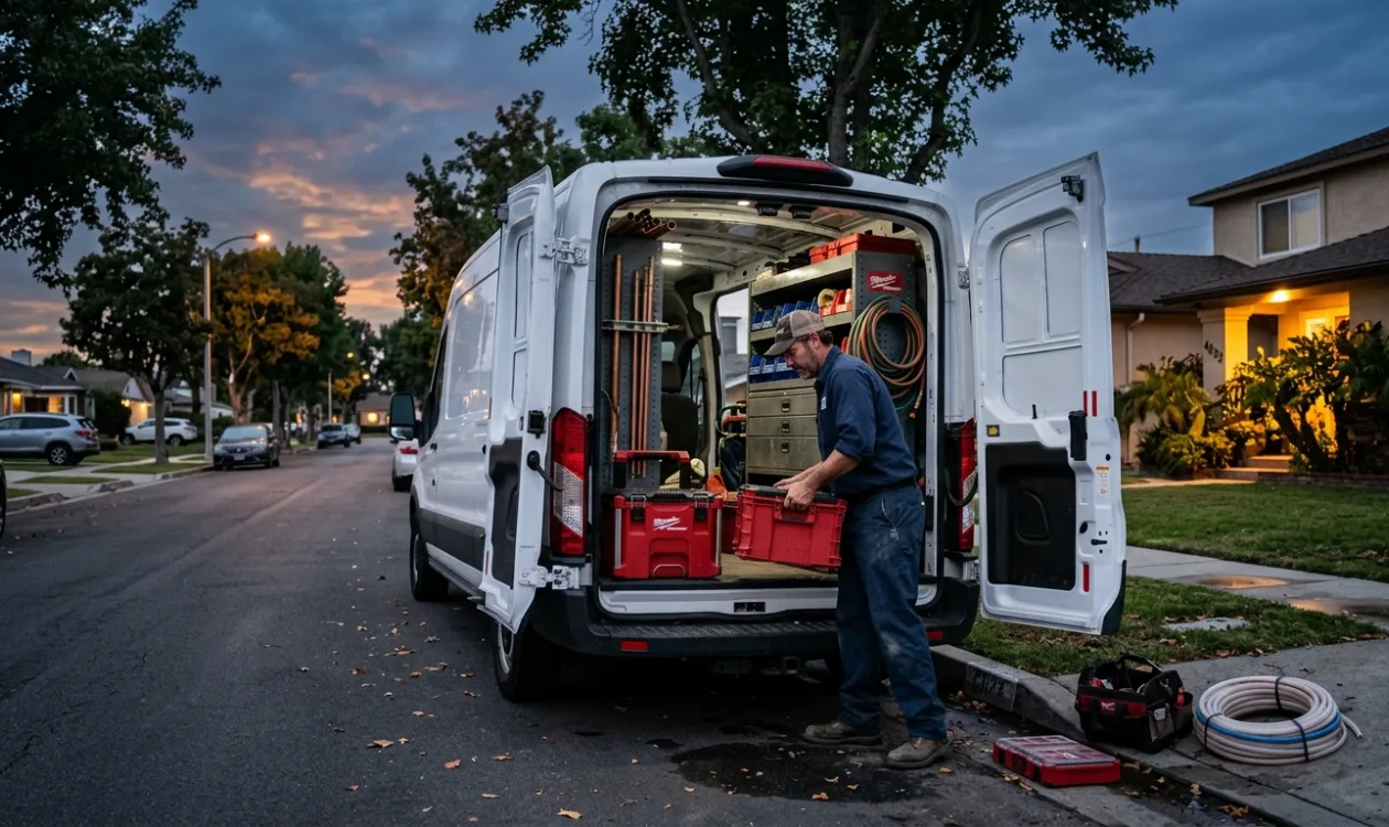 Plumber loading tool cases into the back of a service van at dusk on a Lakewood residential street