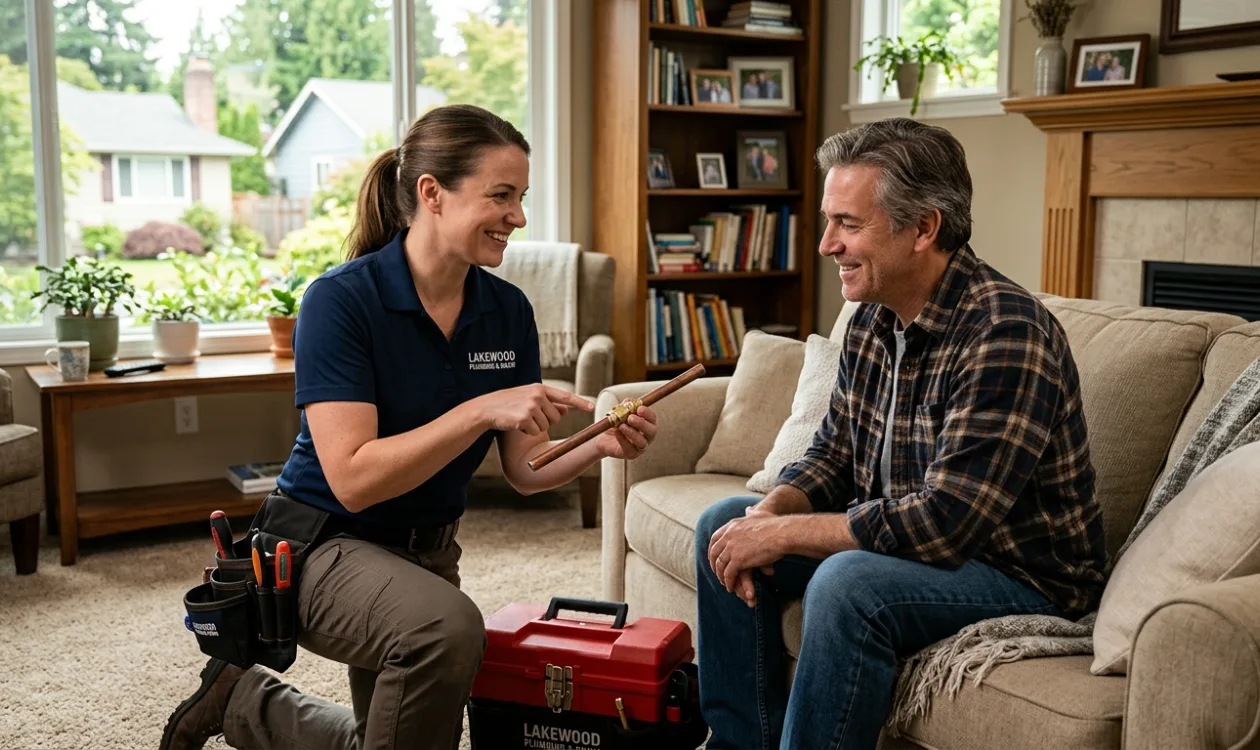 Plumber sitting with a homeowner in their living room, showing a section of copper pipe and explaining the repair