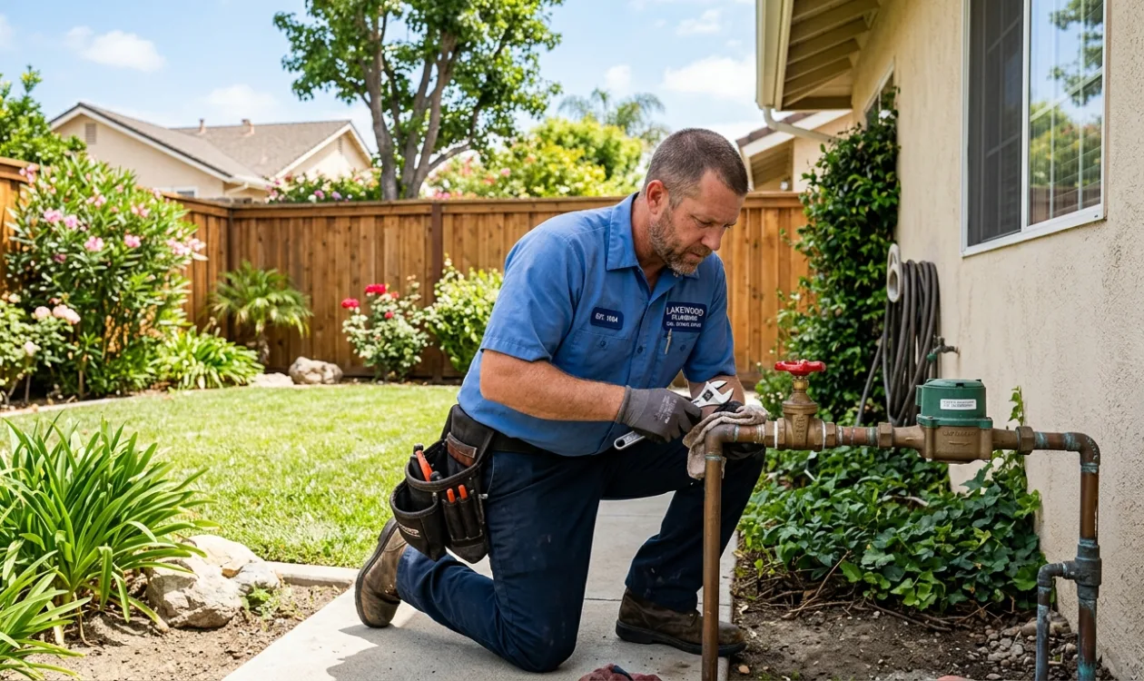 Plumber checking the main shutoff valve where the supply line enters the side of a house