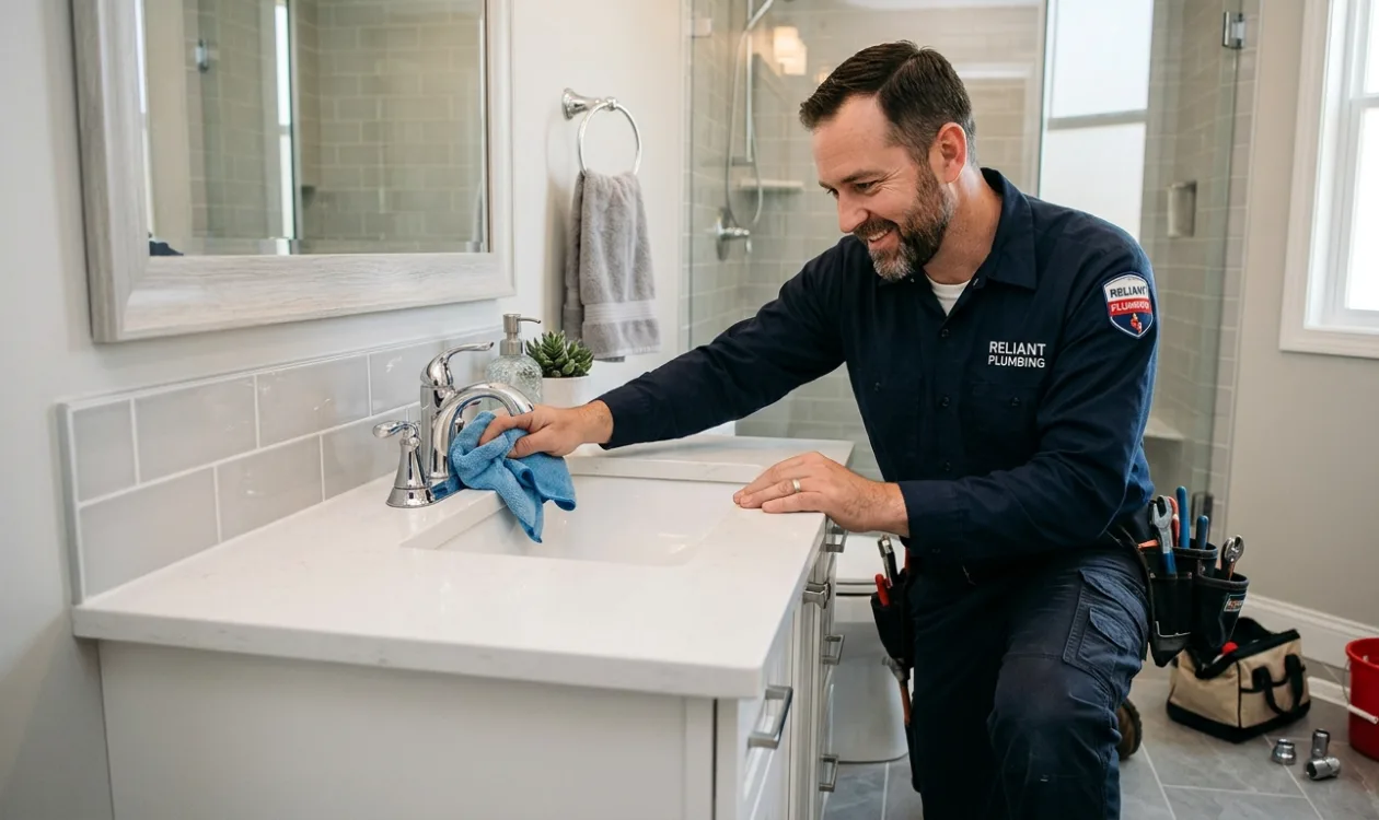 Plumber wiping down a finished vanity top and new faucet at the end of a bathroom job
