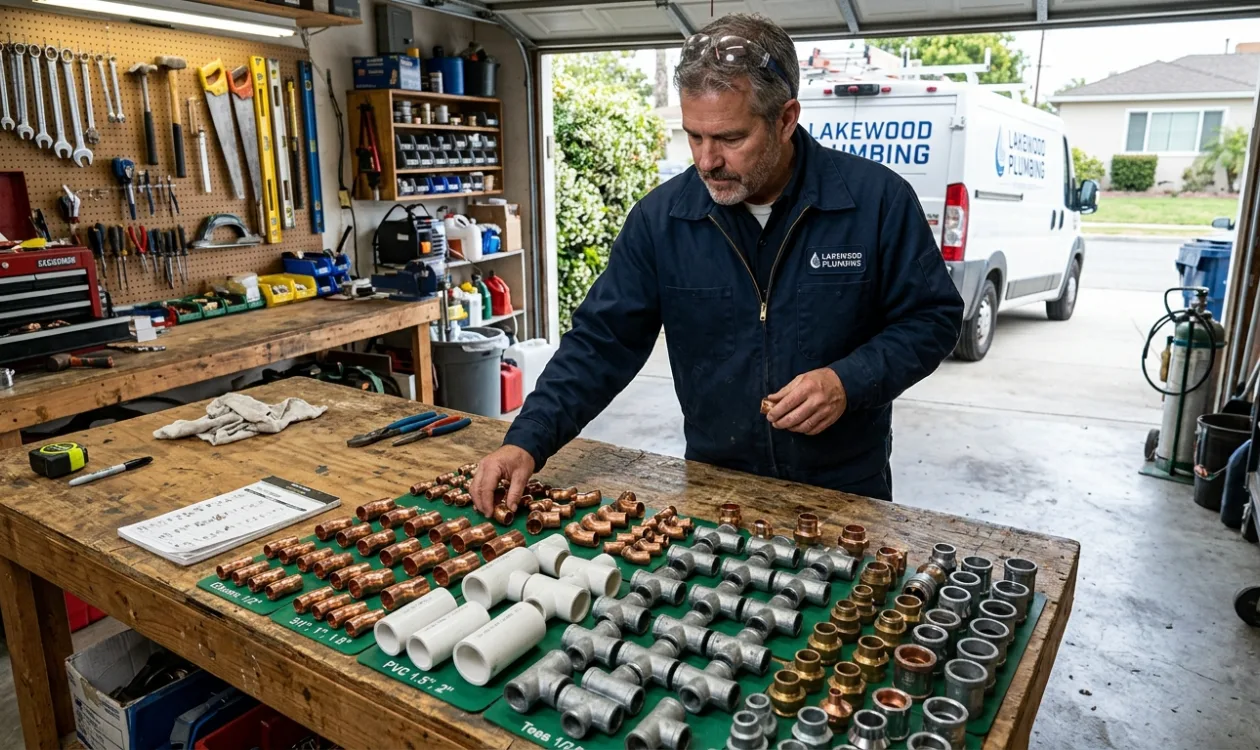 Plumber laying out copper, brass and PVC fittings on a garage workbench before starting a larger job