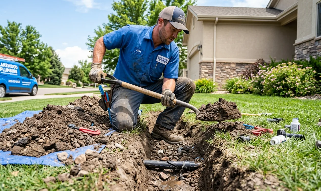 Plumber digging a shallow trench across a front lawn to expose a buried water service line