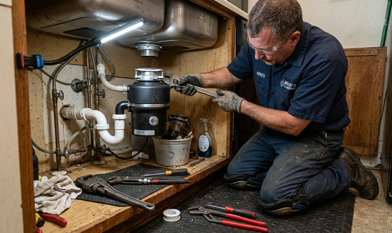 Plumber loosening the mounting ring on a garbage disposal unit under a kitchen sink