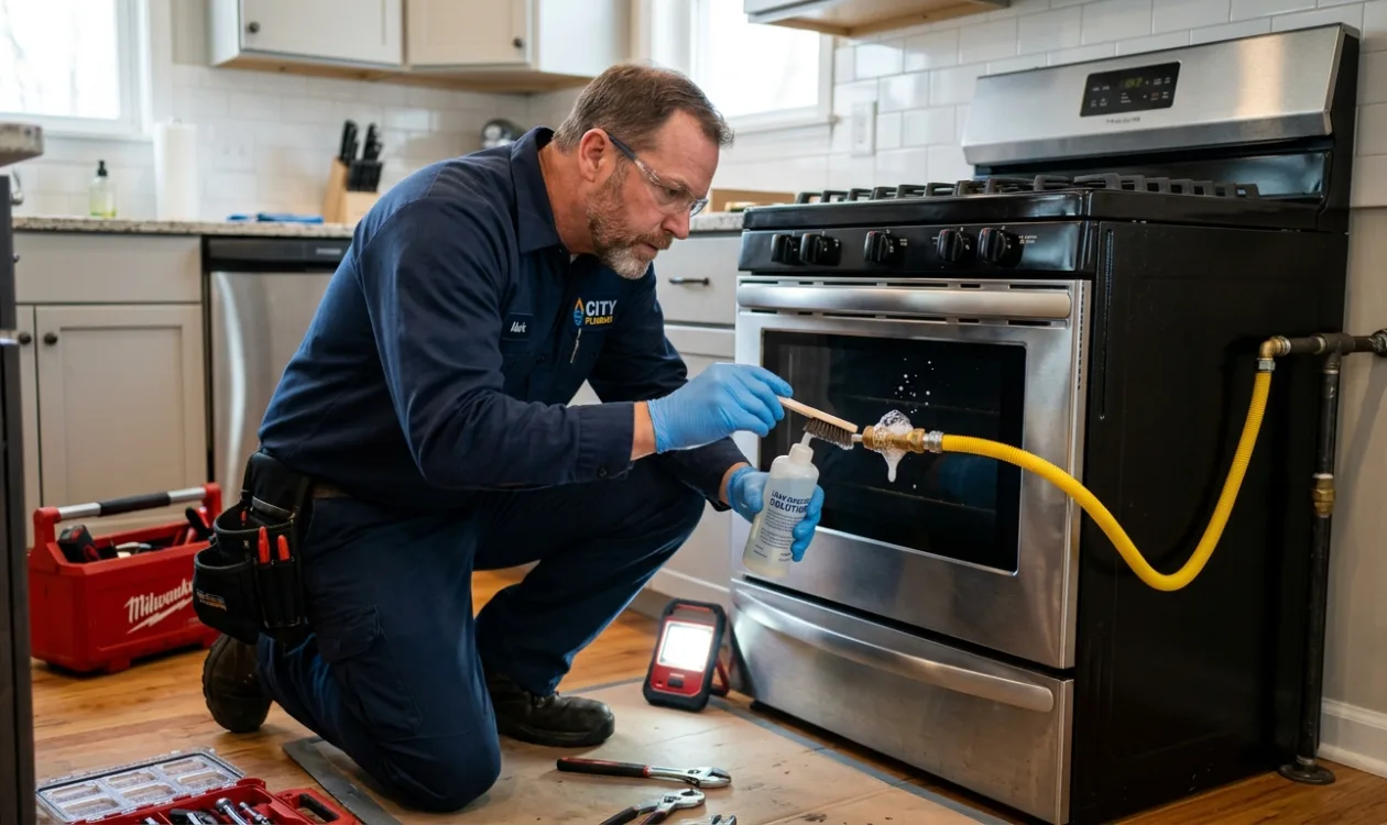 Plumber brushing leak detection solution onto the gas connector behind a slide-in kitchen range