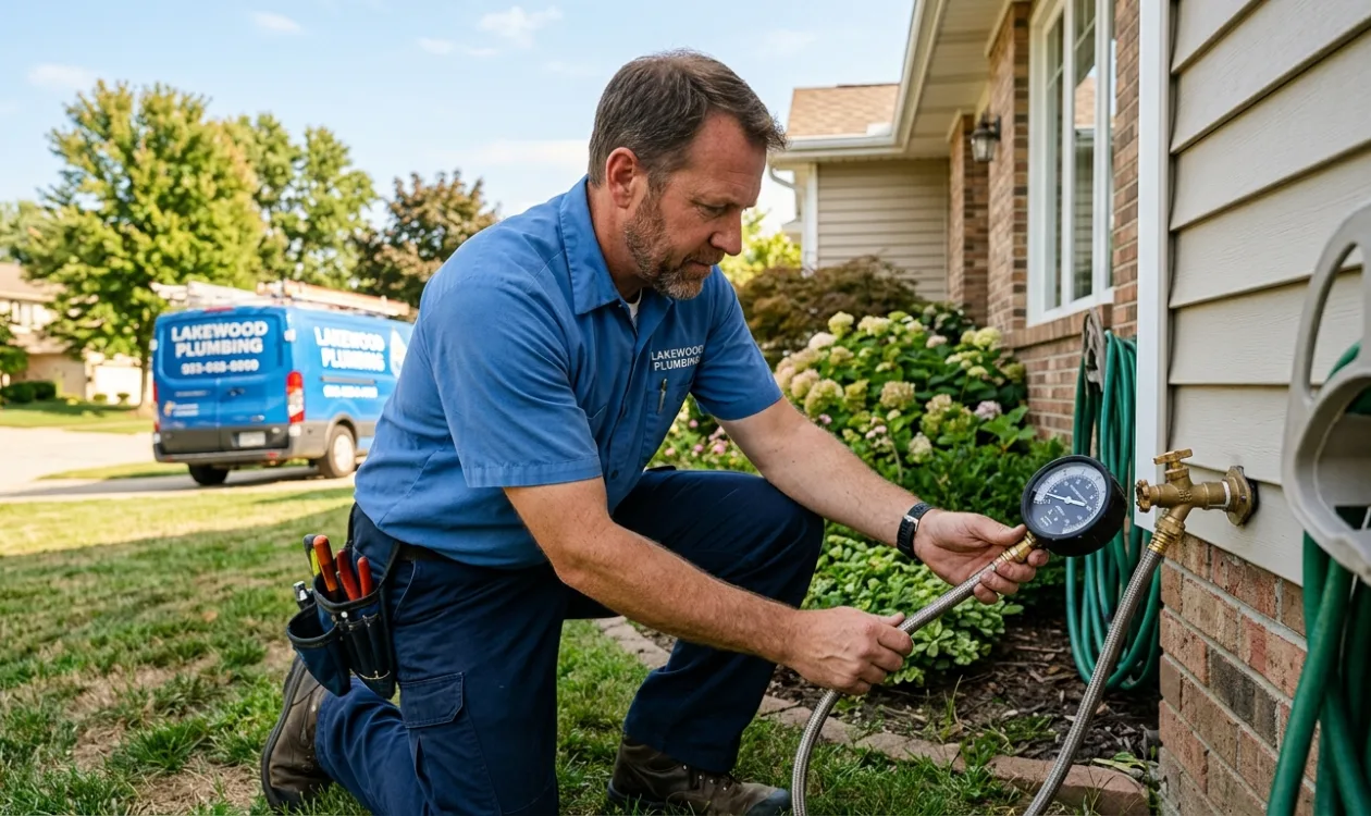 Plumber taking a static pressure reading with a gauge screwed onto an outdoor hose bib