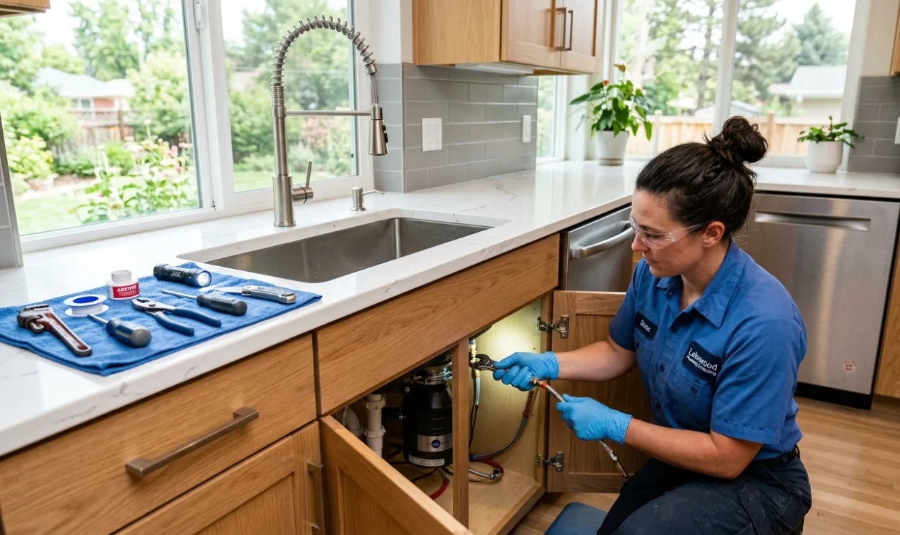 Plumber kneeling at an open kitchen sink cabinet connecting the supply lines for a new pull-down faucet