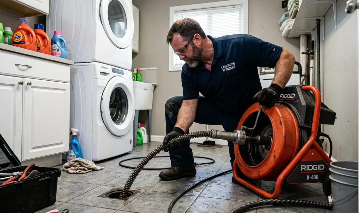 Plumber feeding a drum machine cable into a laundry room floor drain beside the washer and dryer