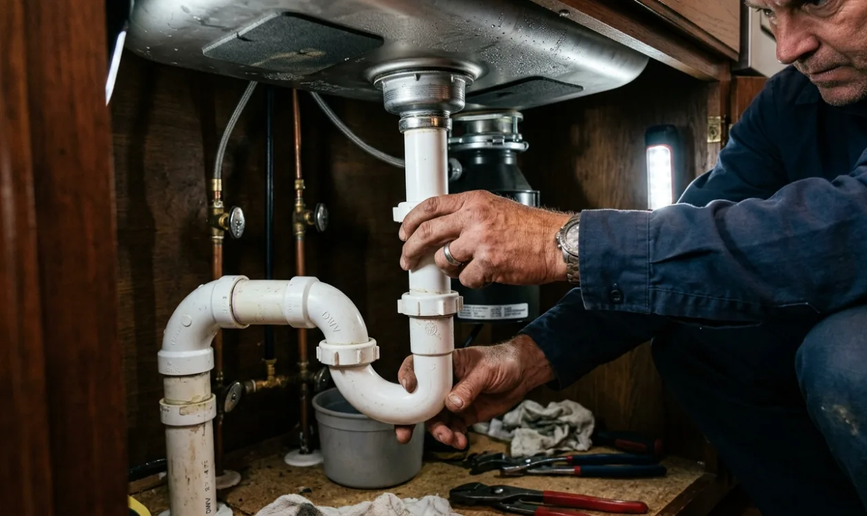 Plumber hand-tightening the slip nut on a PVC P-trap under a kitchen sink