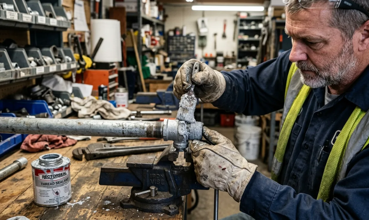 Plumber applying thread sealant to a galvanized pipe fitting held in a bench vice