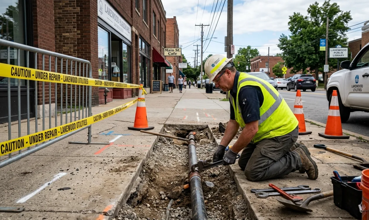 Plumber working in a narrow trench cut through a public sidewalk to reach a service pipe, barriers and cones in place