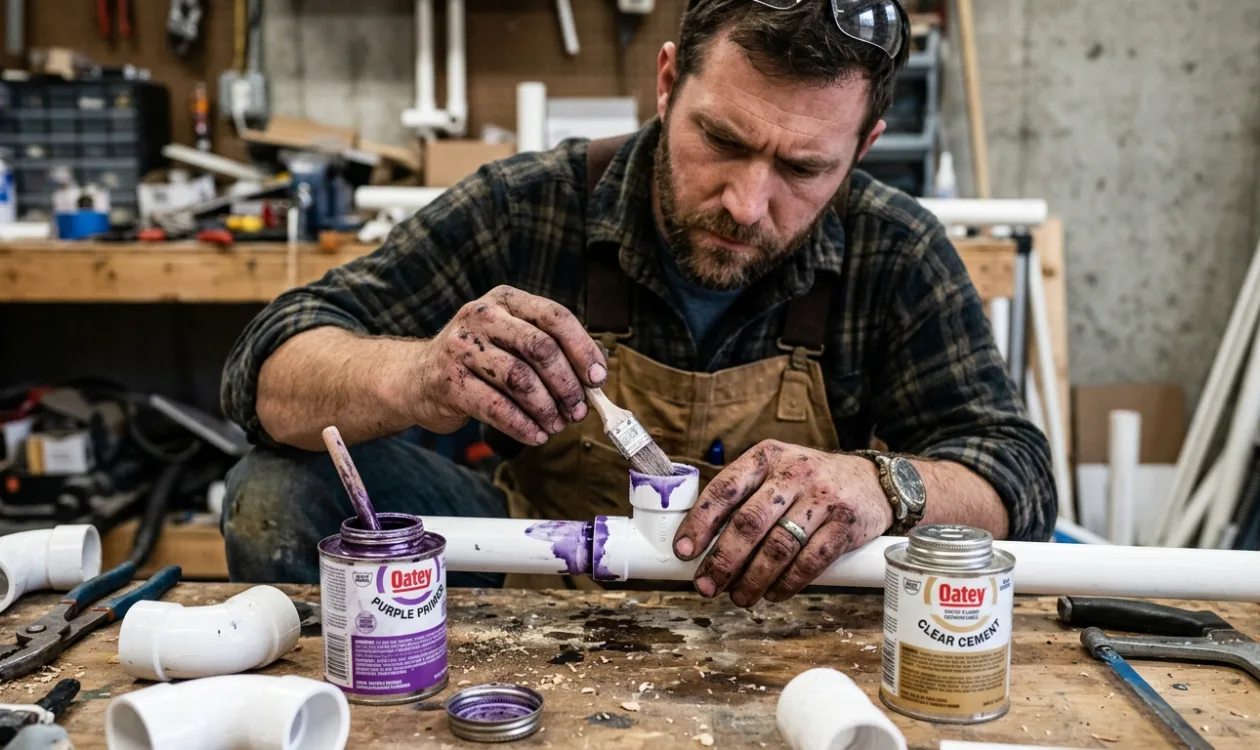 Plumber brushing purple primer onto a PVC drain fitting before solvent welding the joint