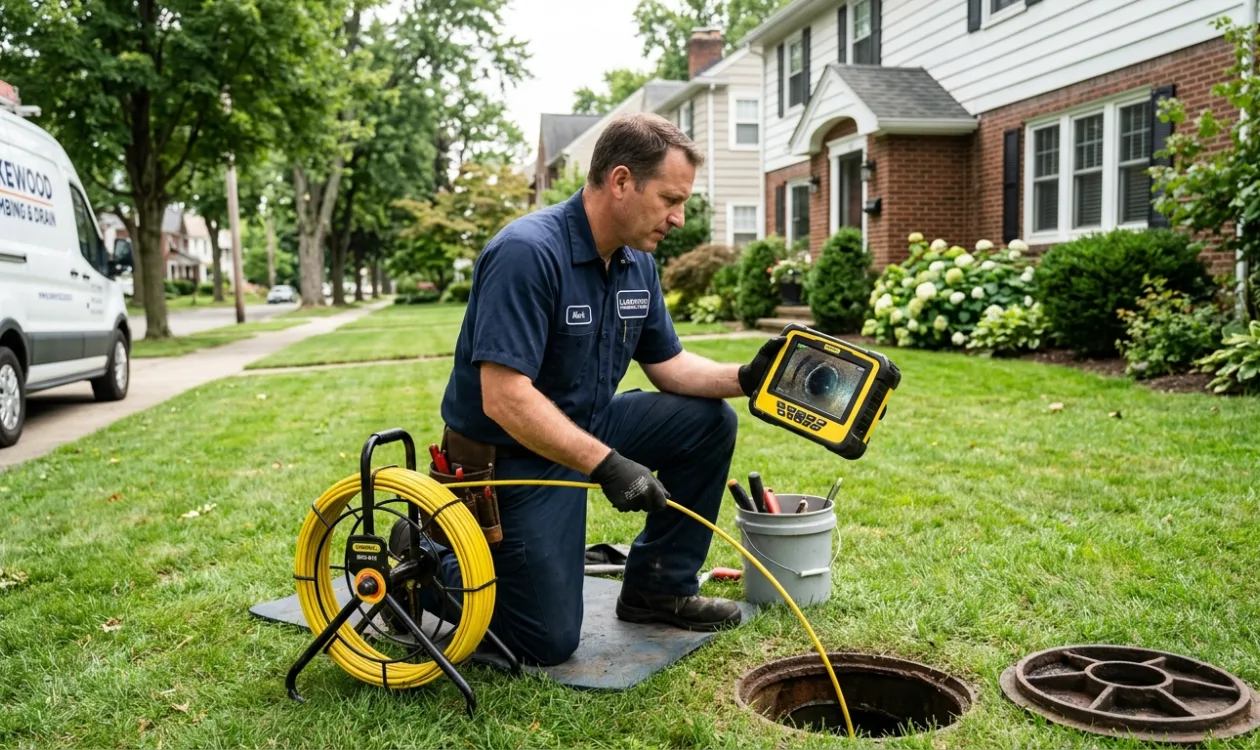 Plumber running a camera reel into a front lawn sewer cleanout and watching the monitor