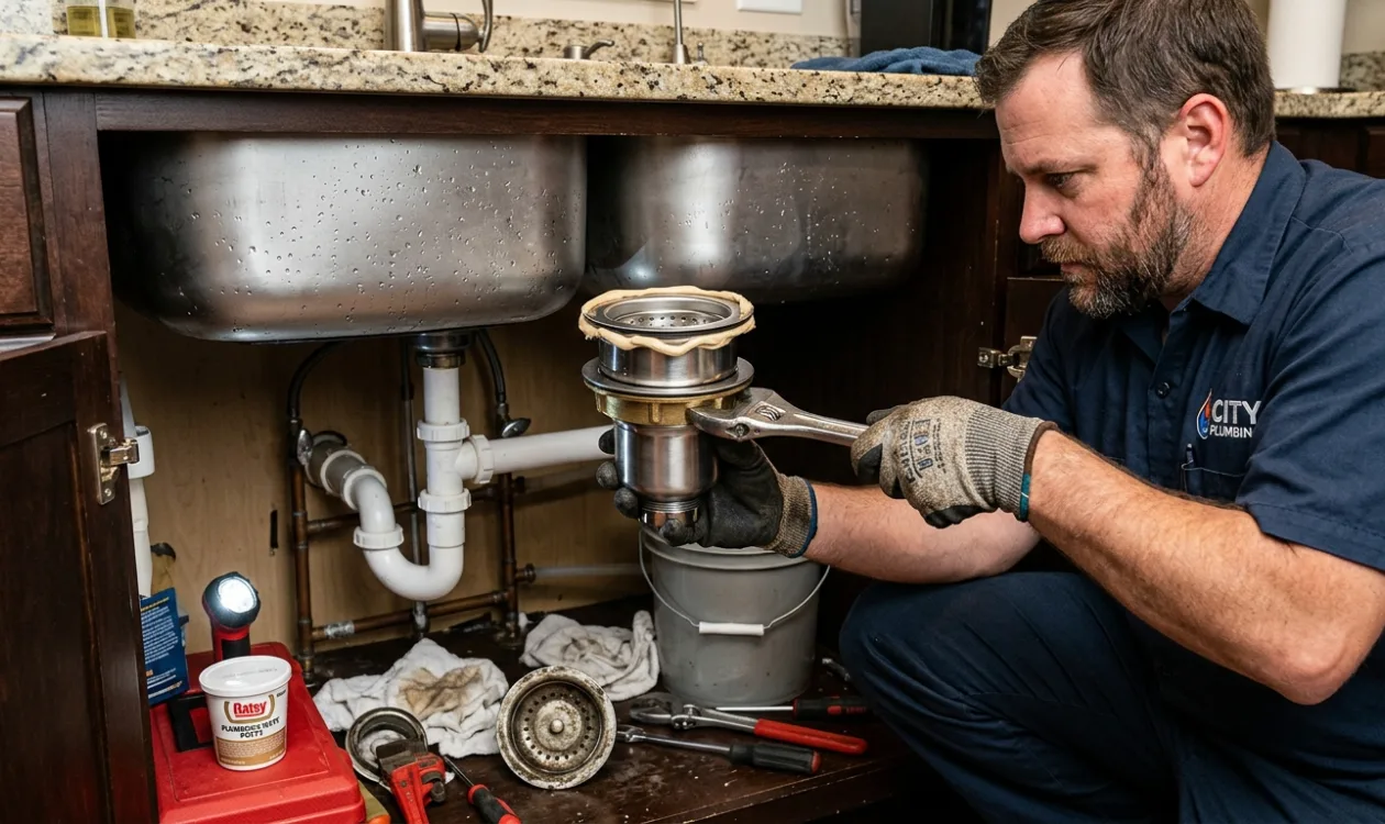 Plumber fitting a new sink strainer basket into a stainless steel kitchen sink from below