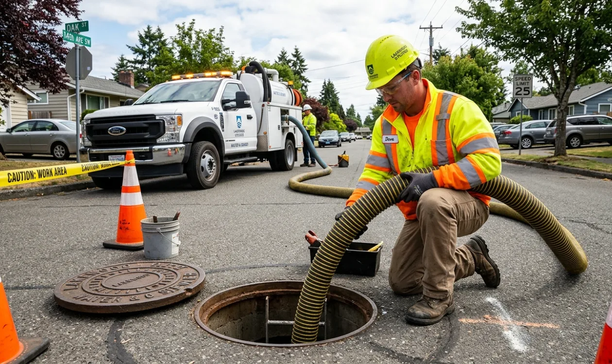 Utility crew working at an open sewer manhole in the street, cones and caution tape set out around the opening