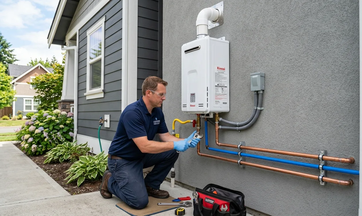 Plumber connecting gas and water lines to a wall-mounted tankless water heater on the outside of a house