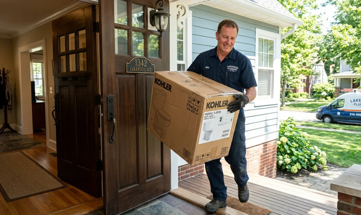 Plumber carrying a boxed new toilet through the front door of a house, van parked on the street