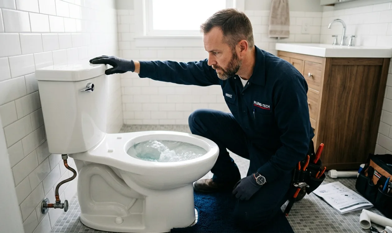 Plumber testing the flush on a newly installed toilet in a tiled bathroom