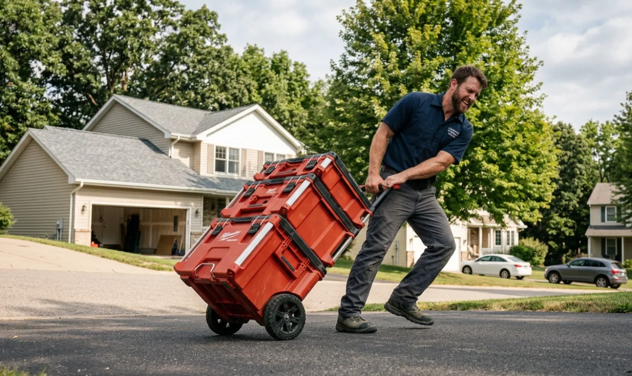 Plumber hauling a stacked tool cart up a residential driveway toward a single-story house