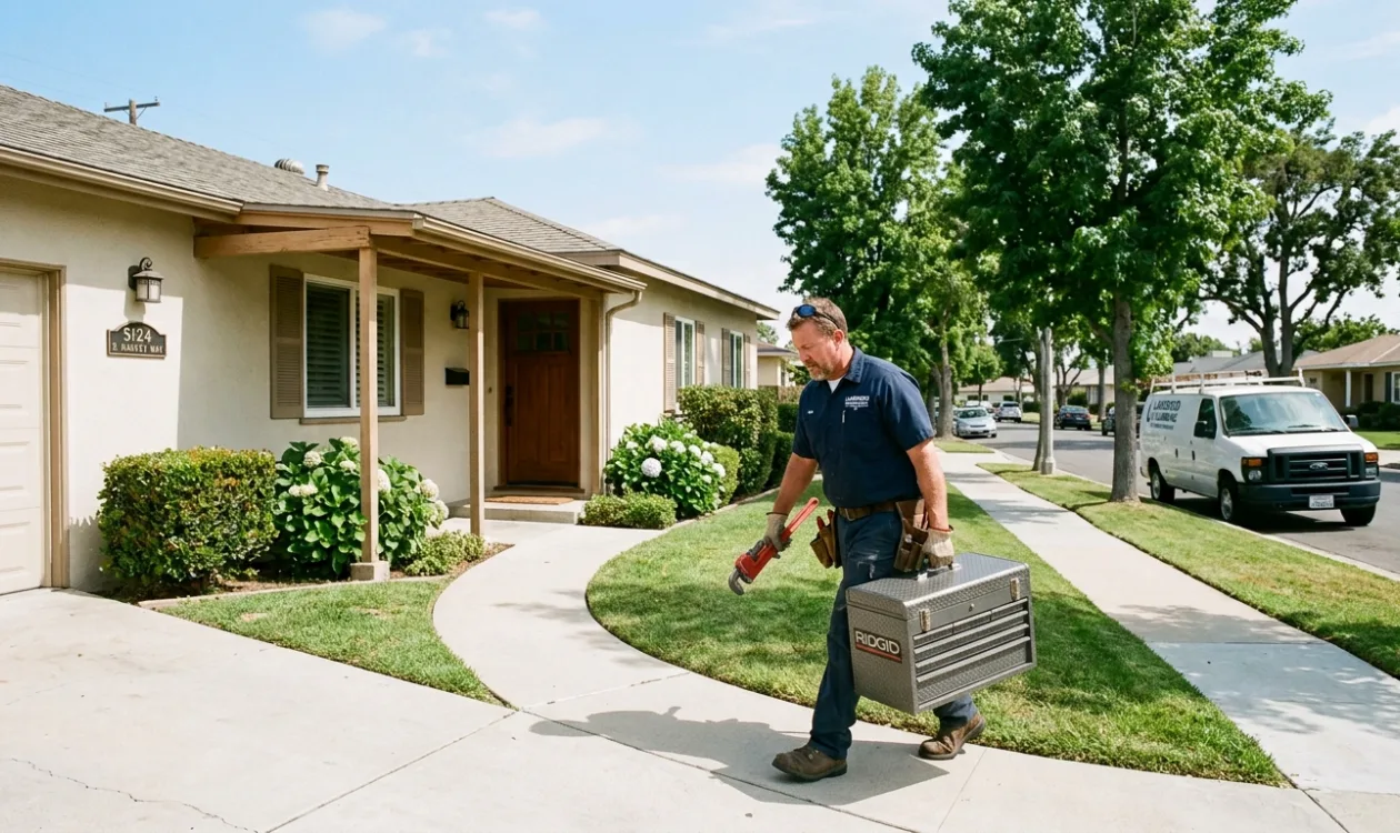 Plumber carrying a tool chest up the front walk of a single-story Lakewood ranch home, service van at the kerb