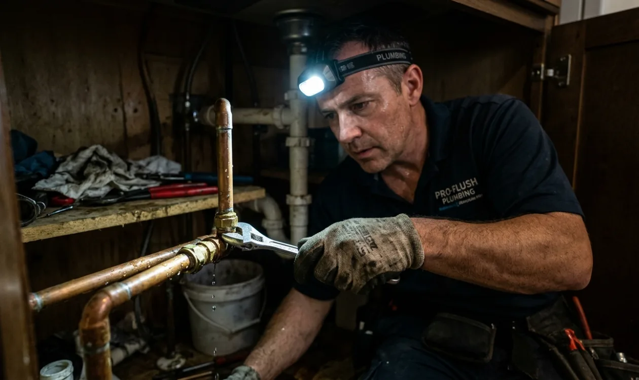 Plumber in a headlamp tightening a dripping compression fitting on copper pipe inside a dark sink cabinet
