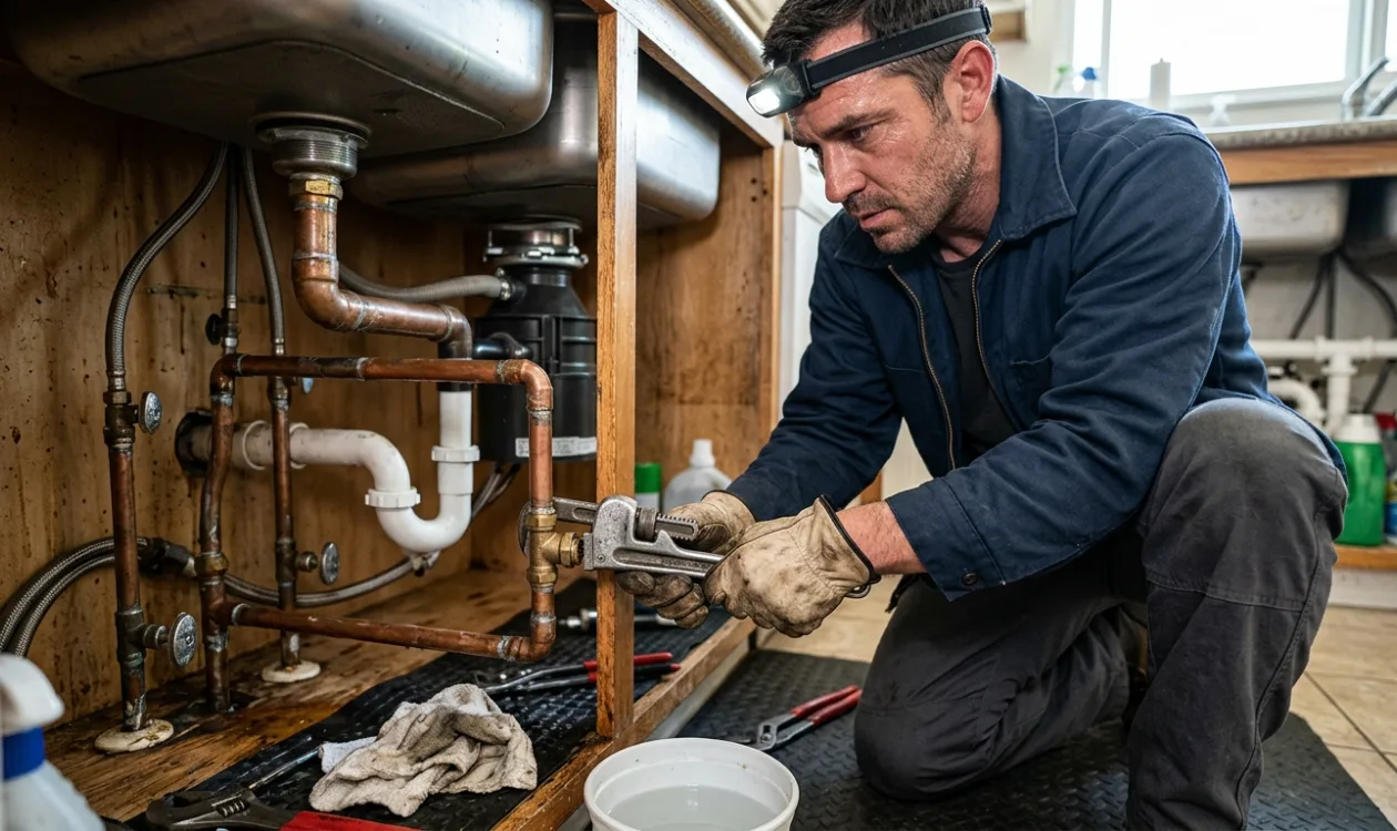 Plumber replacing a corroded supply line under a kitchen sink with the shutoff closed