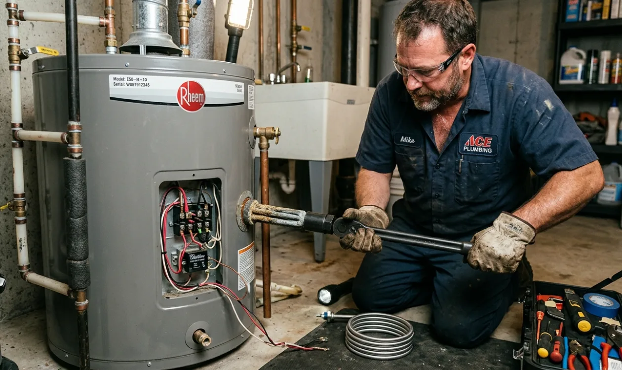 Plumber drawing a scaled heating element out of an electric water heater with the access panel open