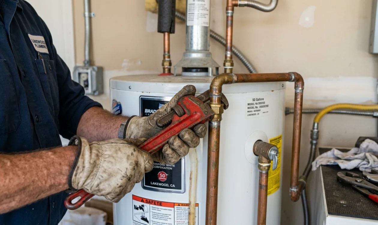 Plumber tightening the union on the copper flex connector above a 50 gallon gas water heater
