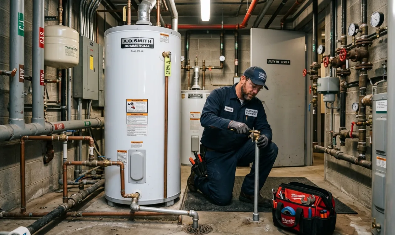 Plumber adjusting the gas valve and copper connections on a residential water heater