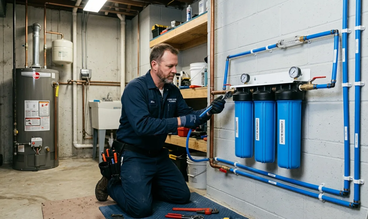 Plumber connecting the inlet on a three-stage whole-house water filtration bank